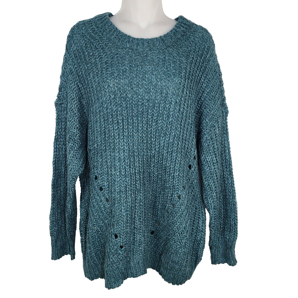 American Eagle Sweater Womens Medium Oversized Slouchy Chunky Knit Green Eyelets